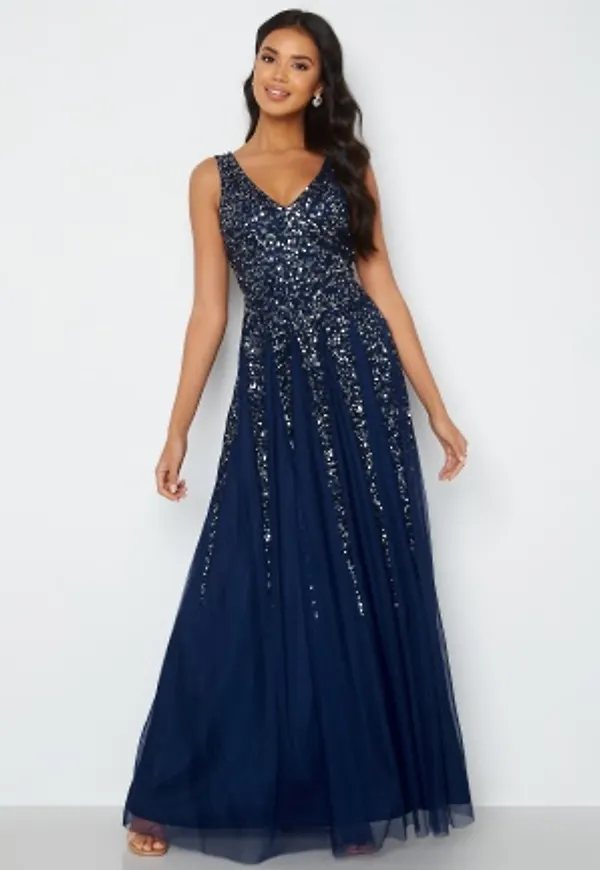 Goddiva Sunray Sequin Maxi Dress Navy L (UK14)
