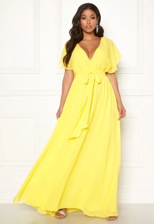 Goddiva Flutter Chiffon Dress Soft Lemon XS (UK8)