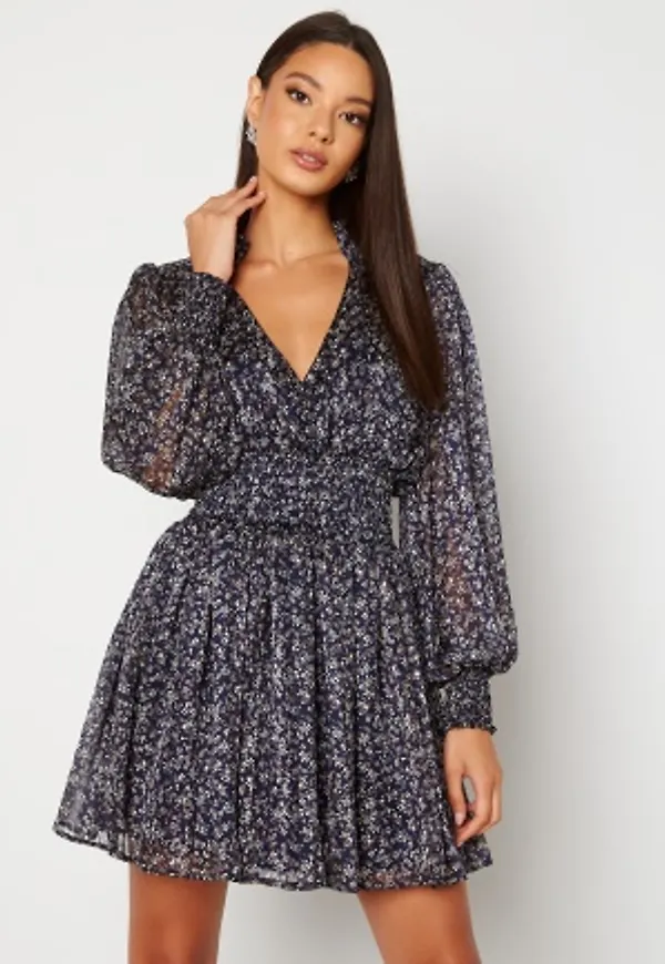 Goddiva Long Sleeve Shirred Skater Dress Navy S (UK8)
