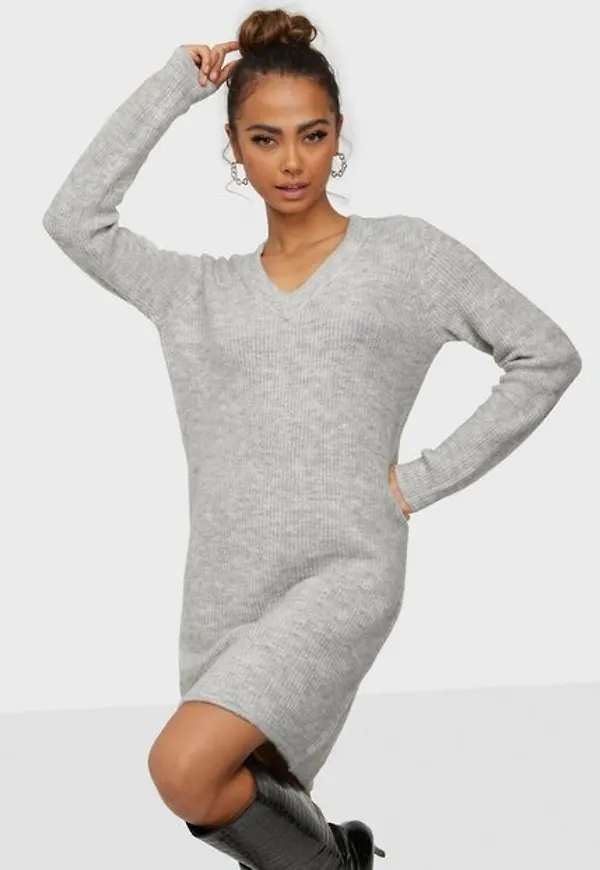Pieces Pcellen Ls V-Neck Knit Dress Noos B Långärmade klänningar Light Grey Melange