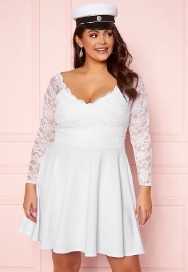 Goddiva Curve Long Sleeve Lace Trim Skater Curve Dress White 52 (UK24)