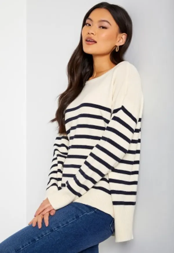 VILA Suza Boatneck L/S Stripe Knit Top Birch Stripes:Navy B M