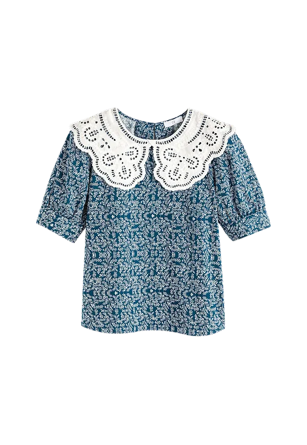 La Redoute - Mönstrad blus med rund spetskrage - Blå