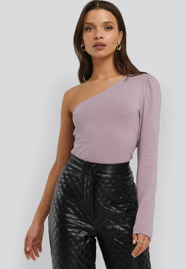 NA-KD Puff Sleeve One Shoulder Top - Purple