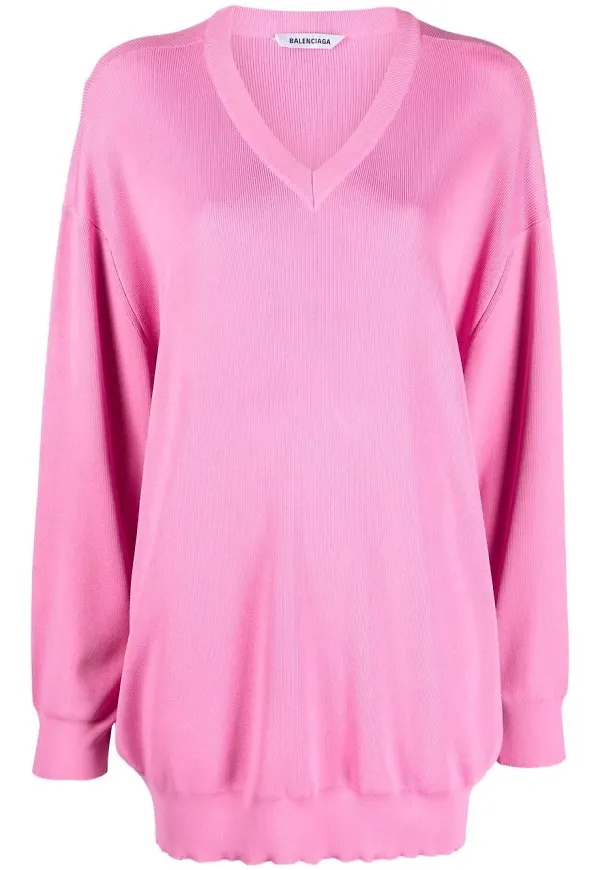 Balenciaga v-ringad ribbstickad tröja - Rosa