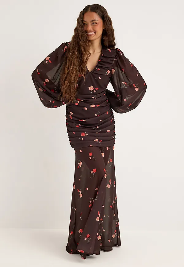 Balloon Sleeve Chiffon Maxi Dress