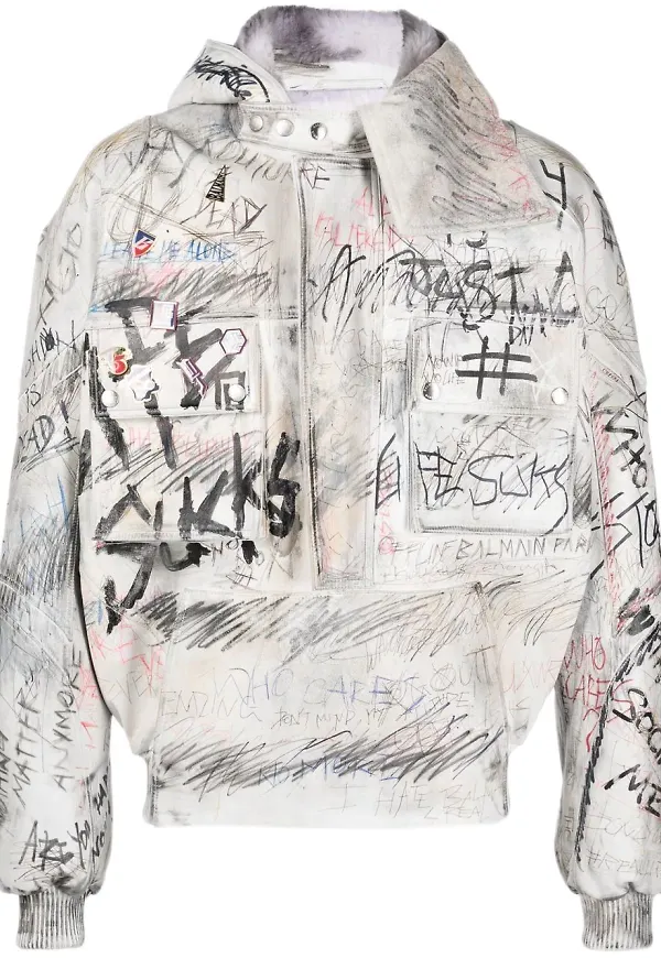 Balmain bikerjacka med graffititryck - Vit