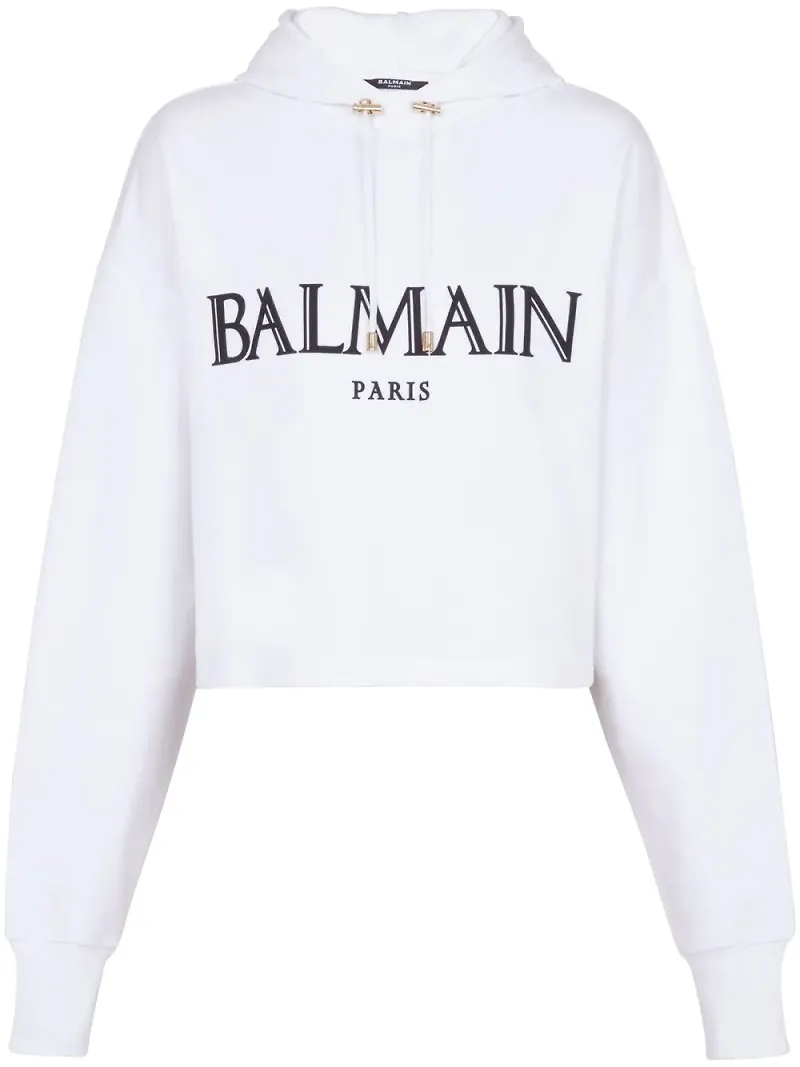 Balmain croppad hoodie med logotypapplikation - Vit