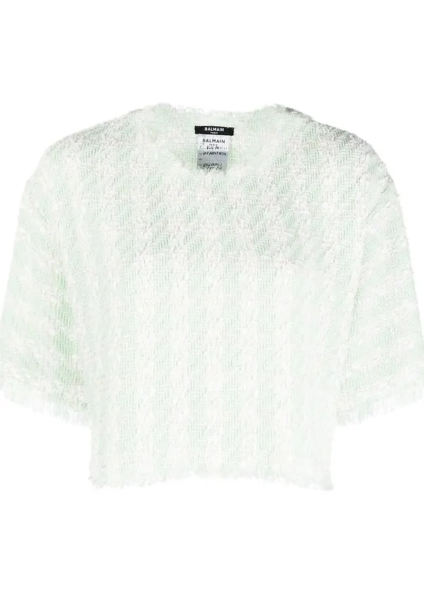 Balmain croppad t-shirt i tweed - Grön