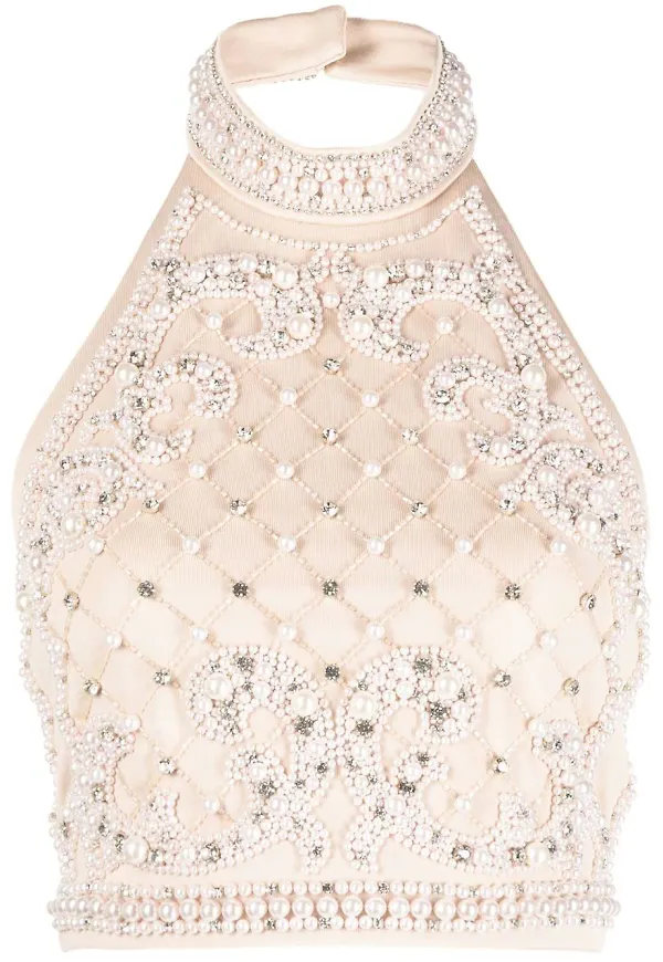 Balmain croptop med konstpärlor - Neutral