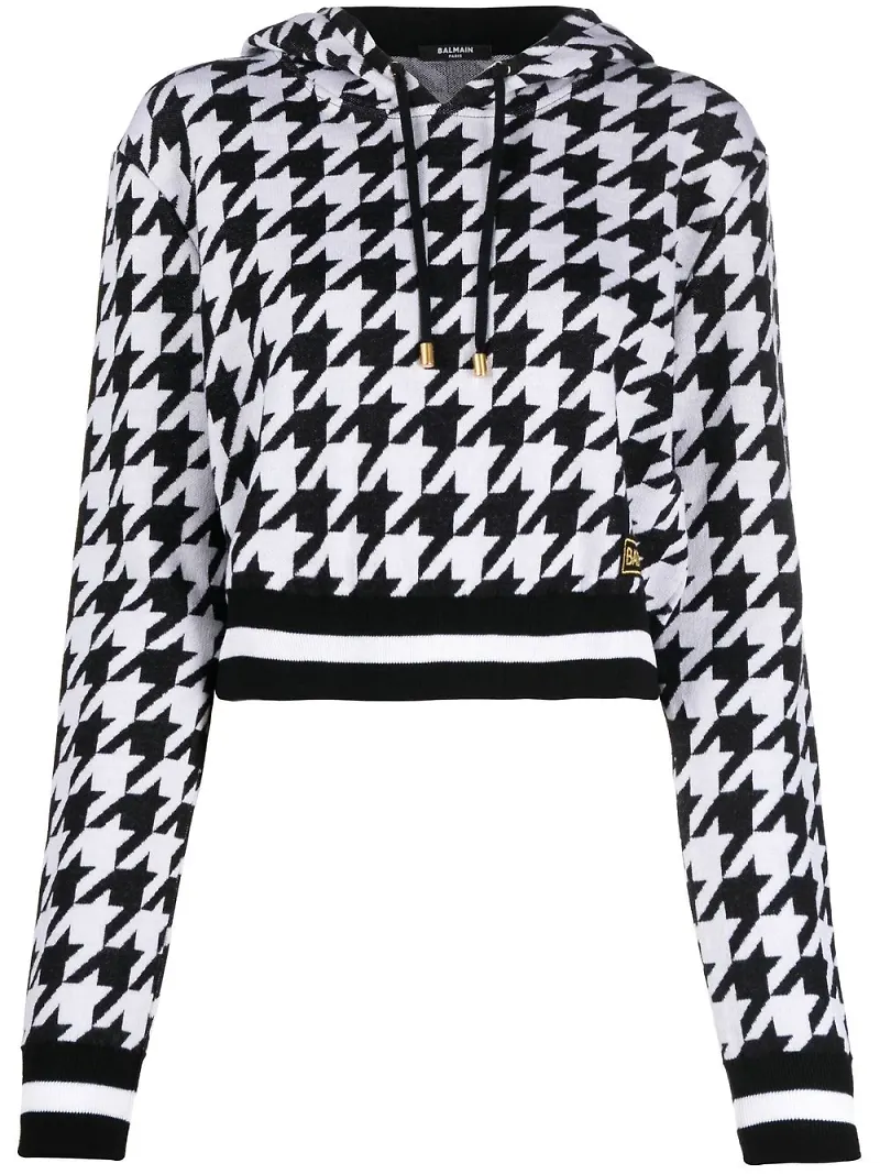 Balmain hundtandsmönstrad kort hoodie - Svart