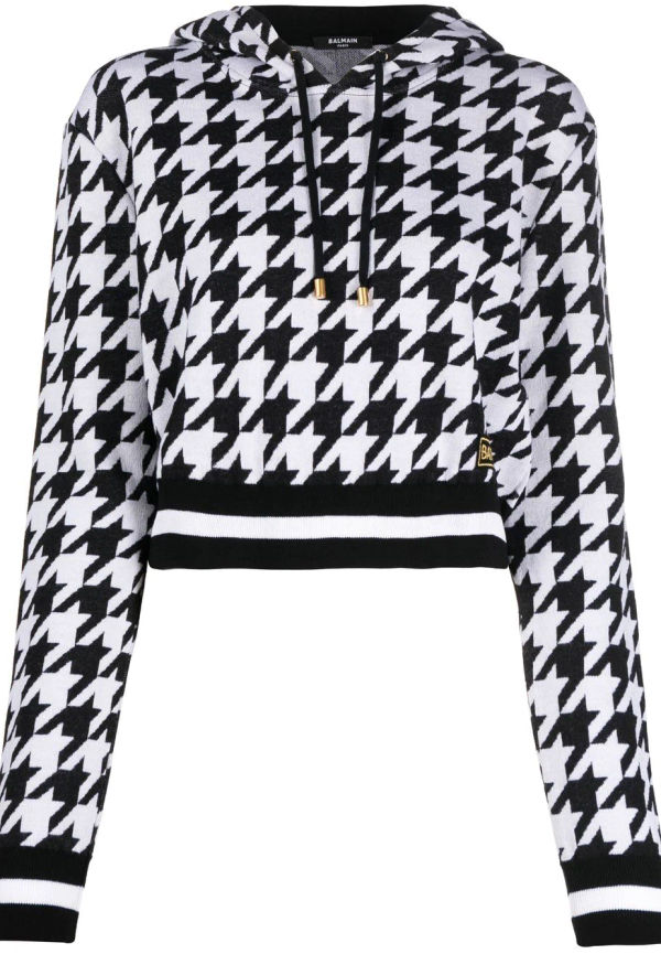 Balmain hundtandsmönstrad kort hoodie - Svart