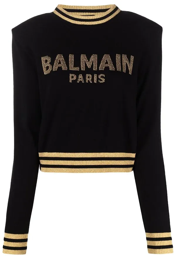 Balmain intarsiastickad kort långärmad tröja med logotyp - Svart