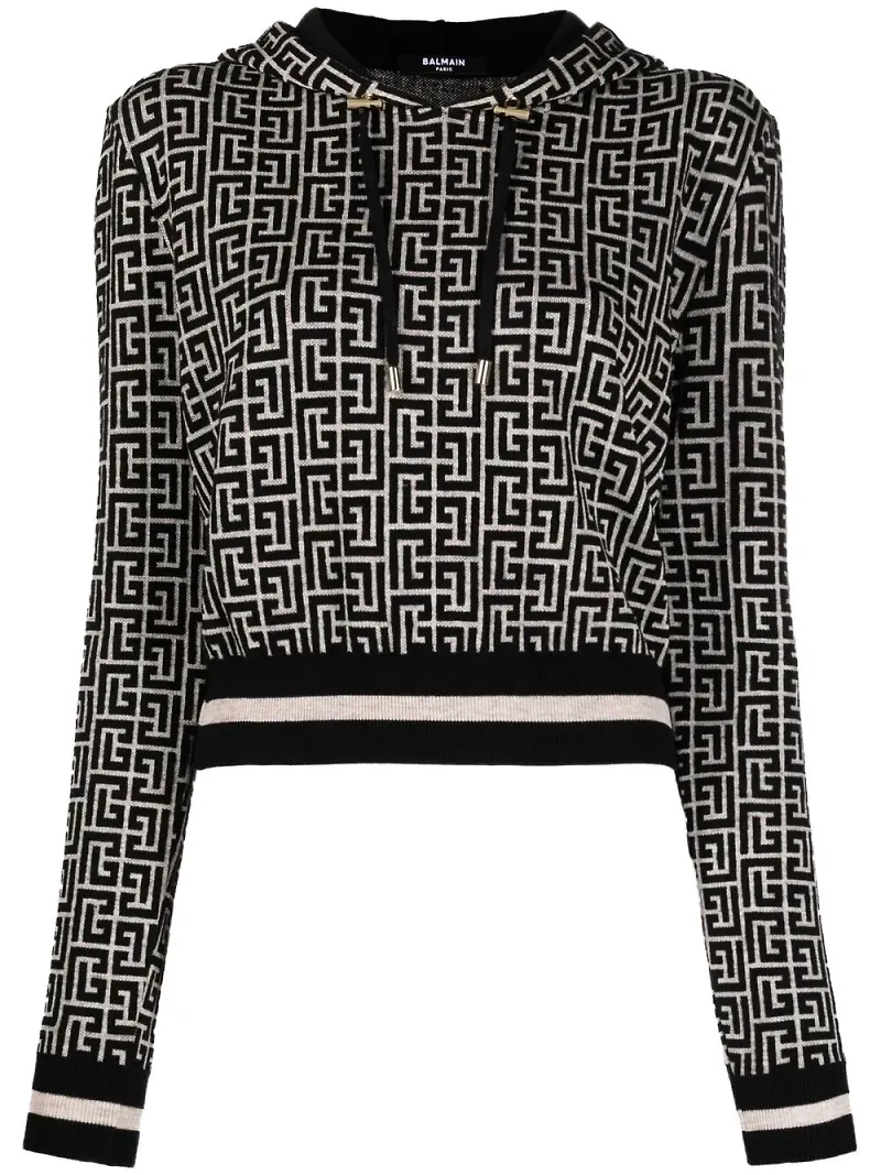 Balmain kort hoodie i jacquard med monogram - Svart
