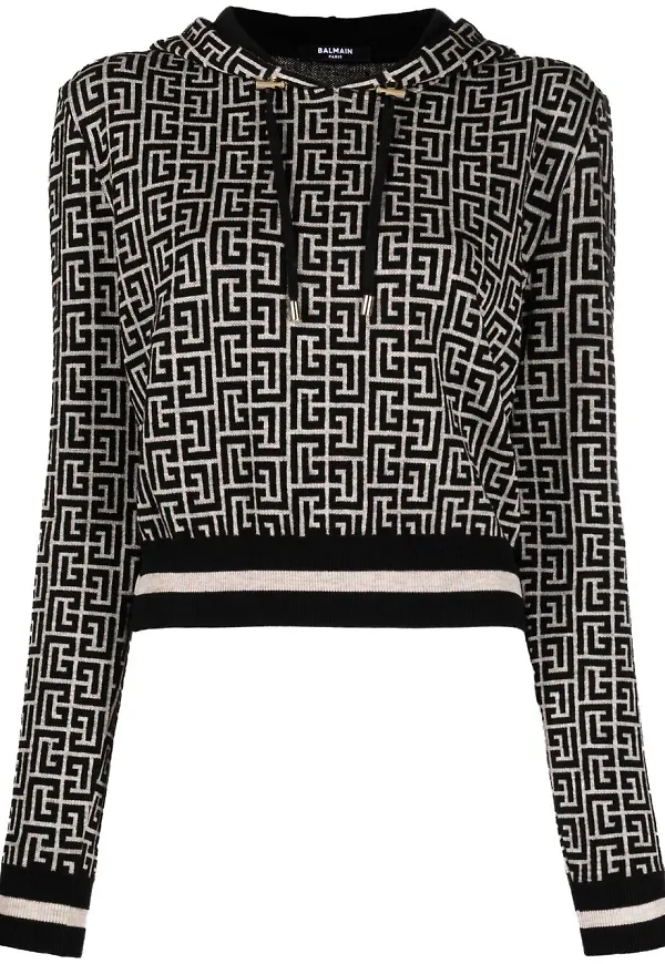 Balmain kort hoodie i jacquard med monogram - Svart