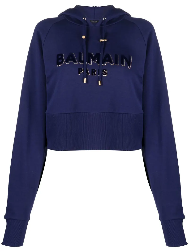 Balmain kort hoodie med logotyp - Blå