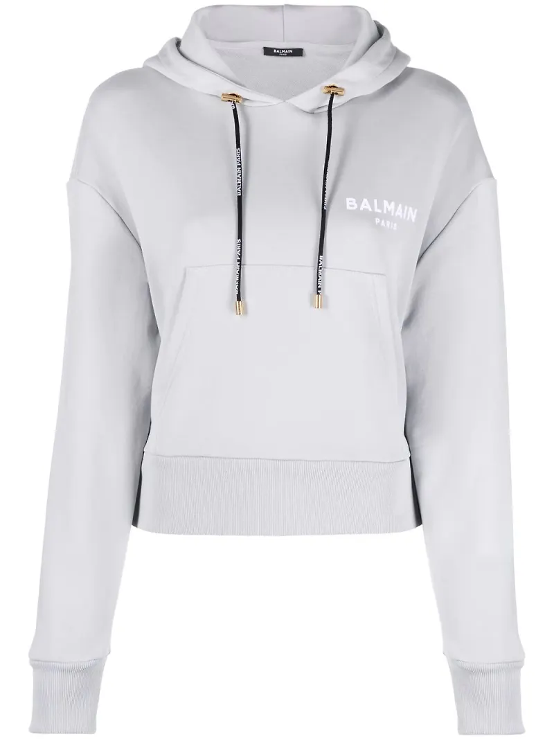 Balmain kort hoodie med logotyp - Grå