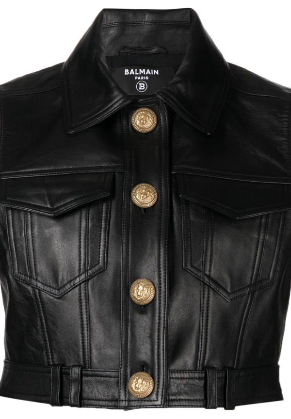 Balmain läderväst med präglade knappar - Svart