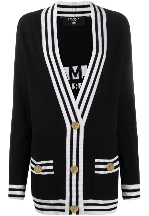 Balmain lång kofta med randig kant - Svart