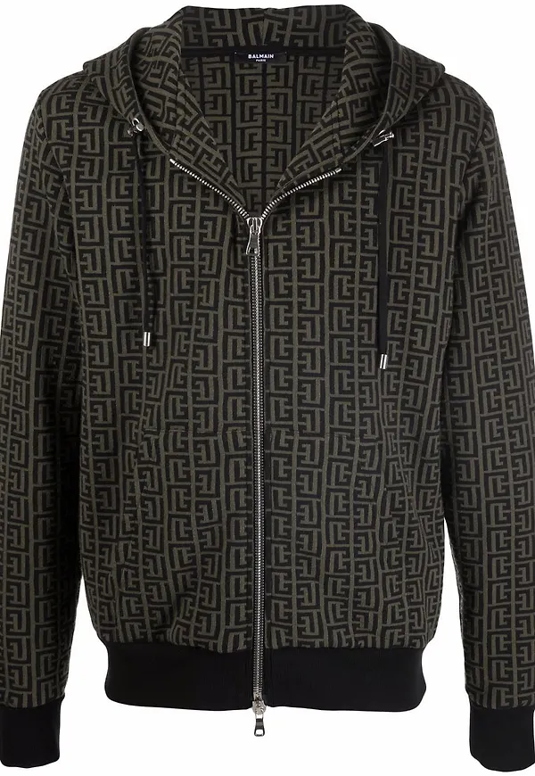 Balmain monogrammönstrad hoodie med dragkedja - Grön