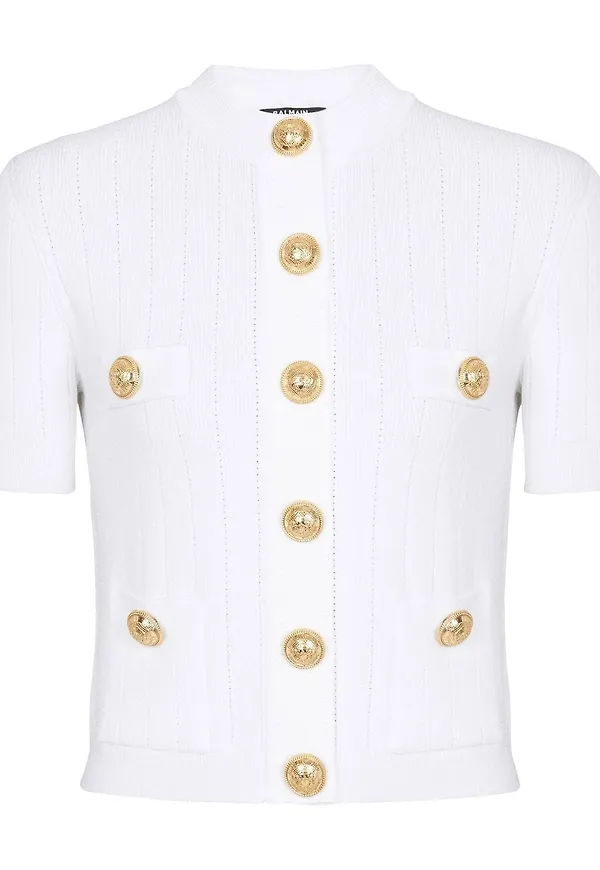 Balmain pointellestickad kortärmad kofta - Vit
