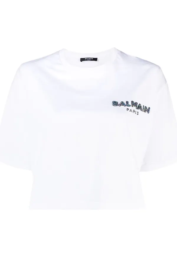 Balmain printed logo cropped T-shirt - Vit