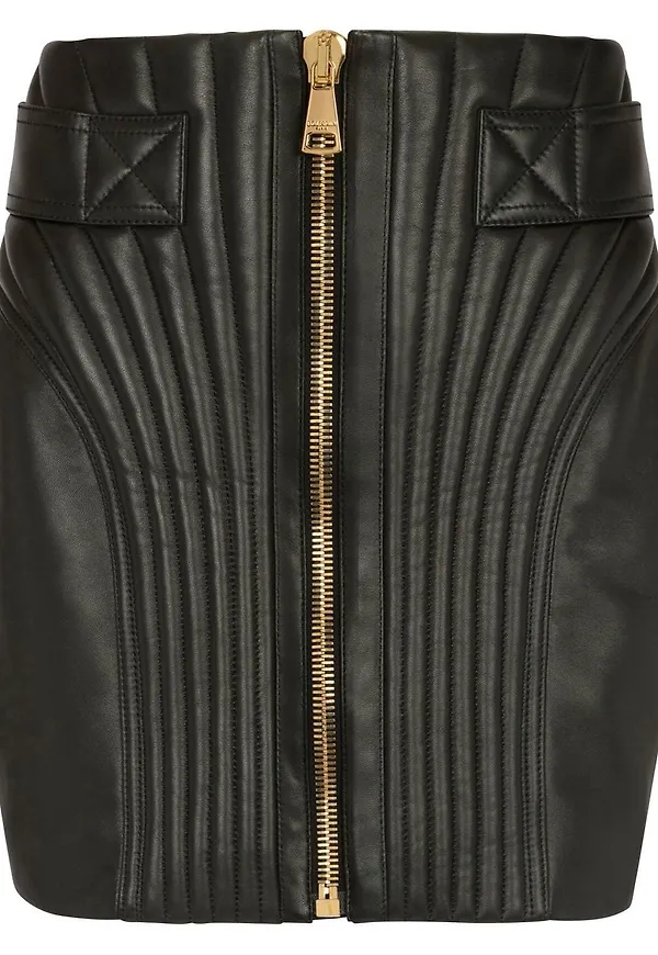 Balmain quiltad kjol i läder med finish - Svart