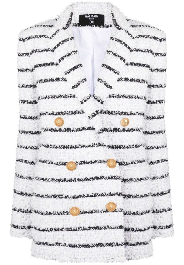 Balmain randig dubbelknäppt tweedblazer - Vit