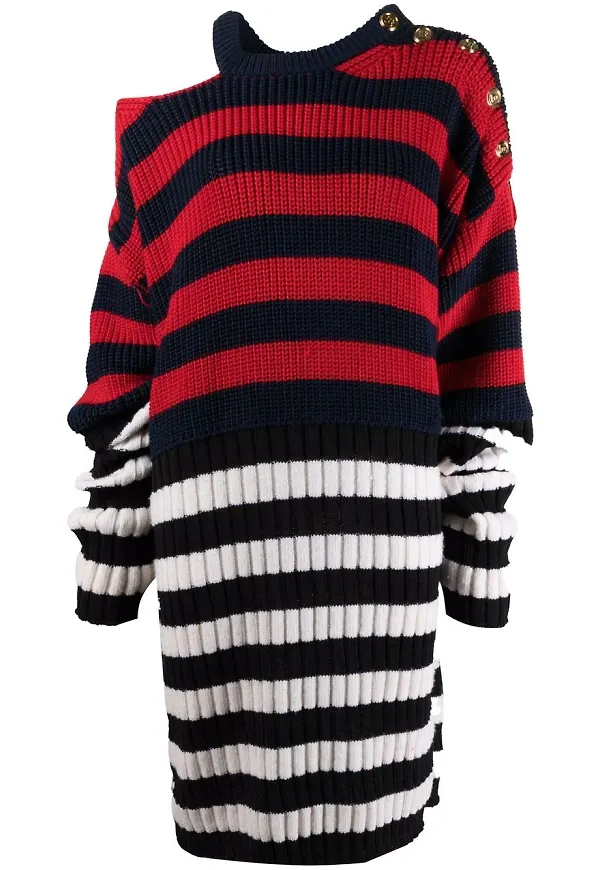 Balmain randig ribbstickad klänning - Röd