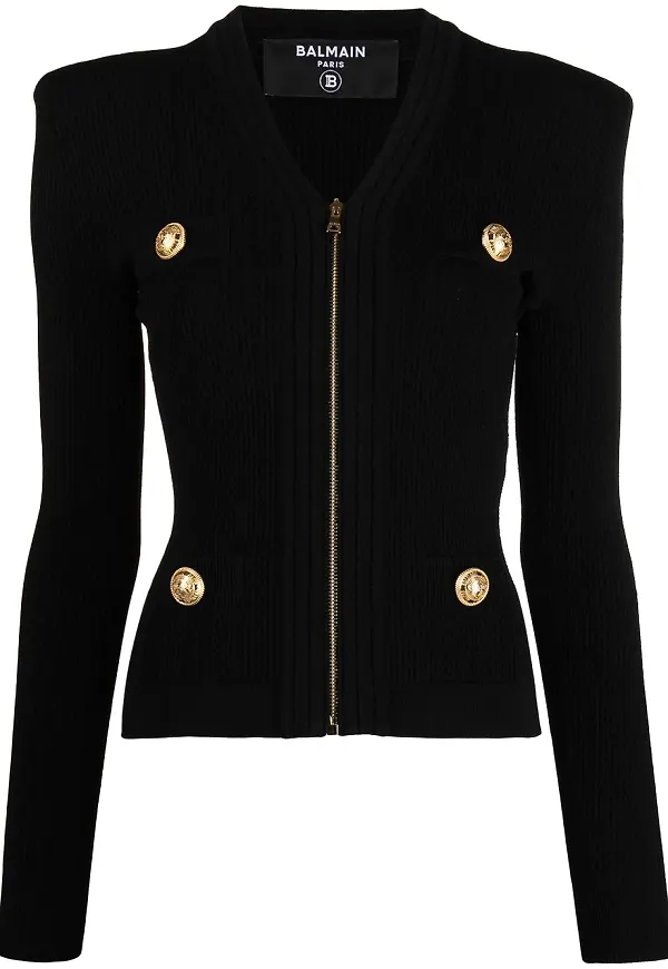 Balmain ribbstickad jacka med dragkedja - Svart