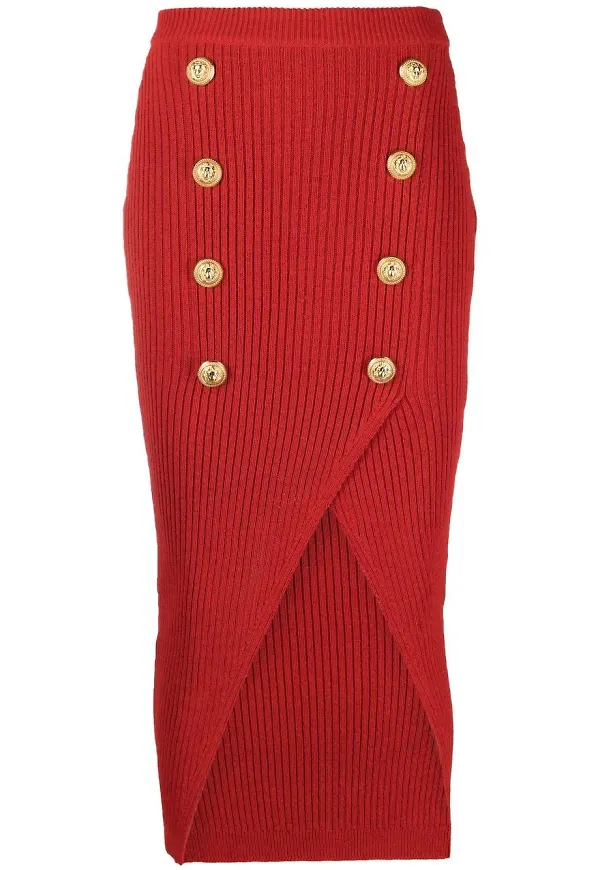 Balmain ribbstickad kjol med knappar - Röd