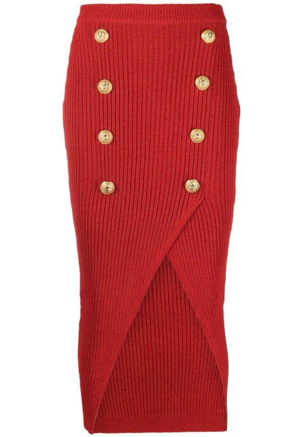 Balmain ribbstickad kjol med knappar - Röd