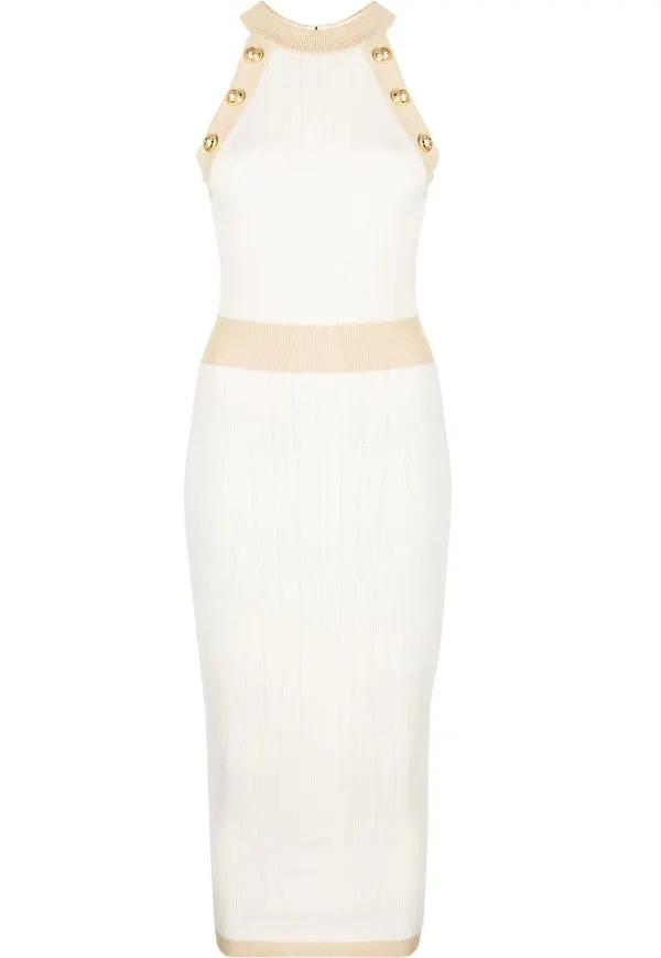 Balmain ribbstickad klänning med halterneck - Neutral