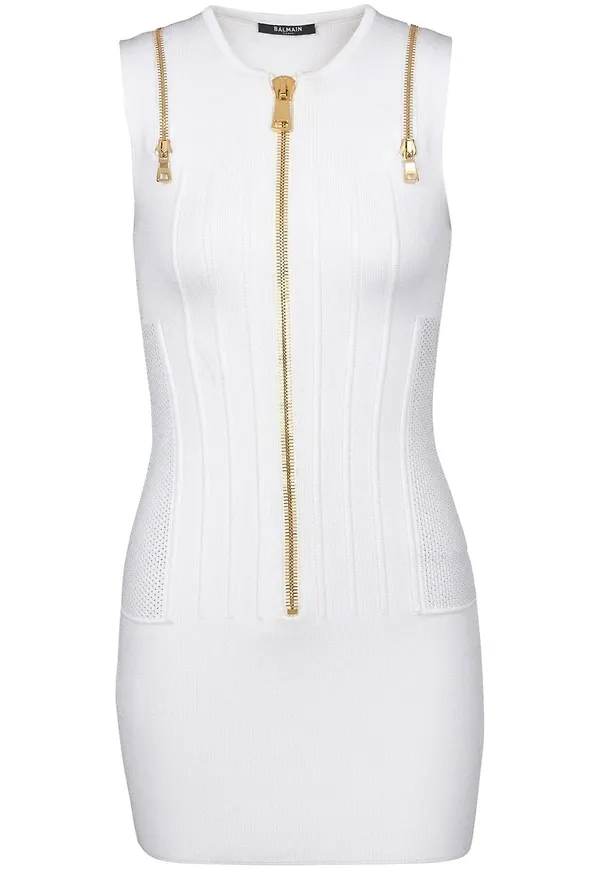 Balmain ribbstickad miniklänning - Vit