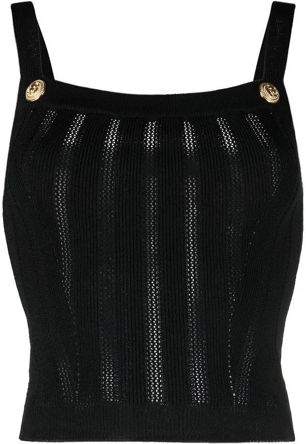 Balmain ribbstickad topp med knappdetalj - Svart