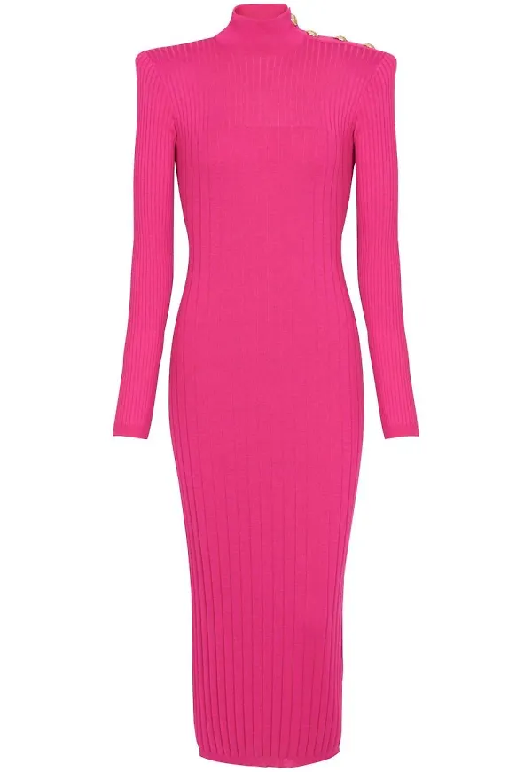 Balmain ribbstickad tröjklänning med rullkrage - Rosa