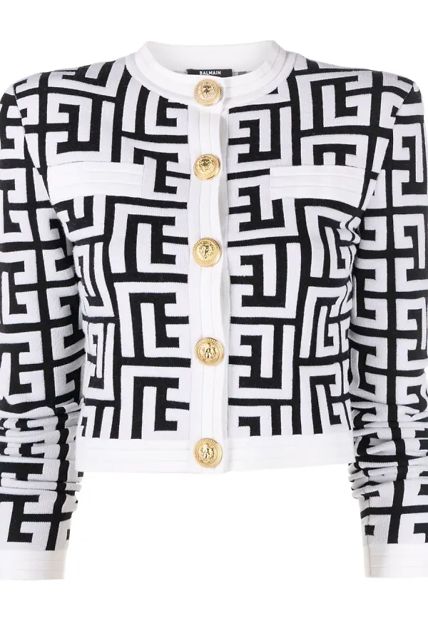 Balmain stickad croppad kofta med monogram - Svart
