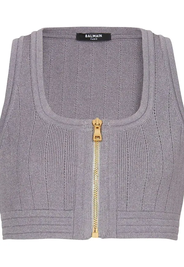 Balmain stickad croptop med dragkedja - Grå