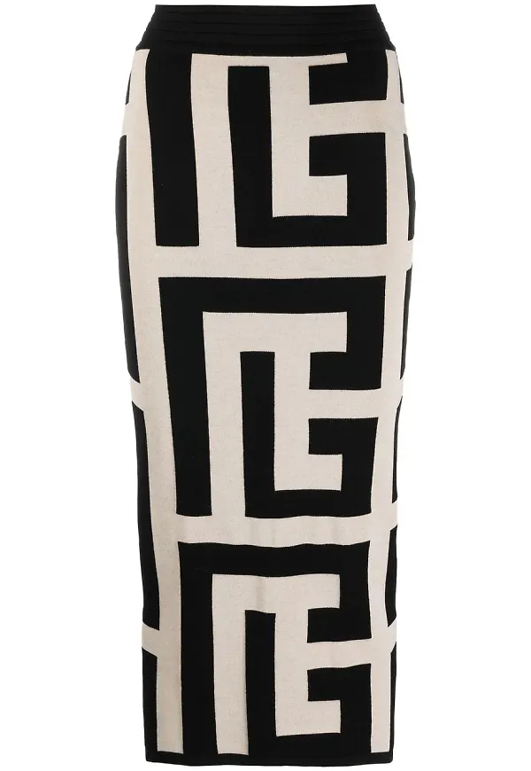 Balmain stickad kjol med monogram - Neutral
