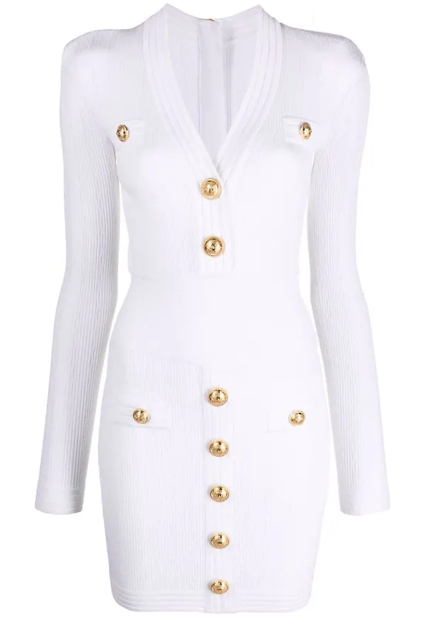 Balmain stickad klänning med knappdetalj - Vit