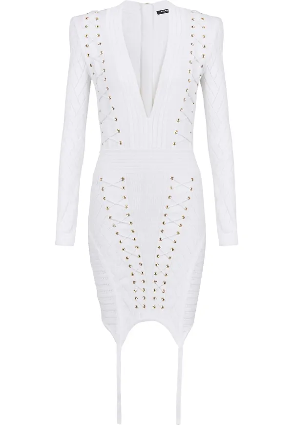 Balmain stickad klänning med snörning - Vit