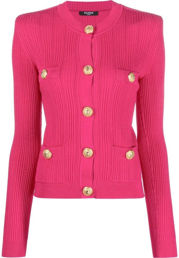Balmain stickad kofta med präglad knapp - Rosa