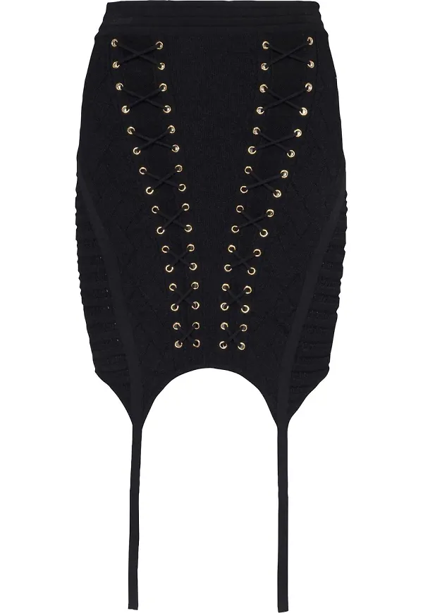 Balmain stickad minikjol med remmar - Svart