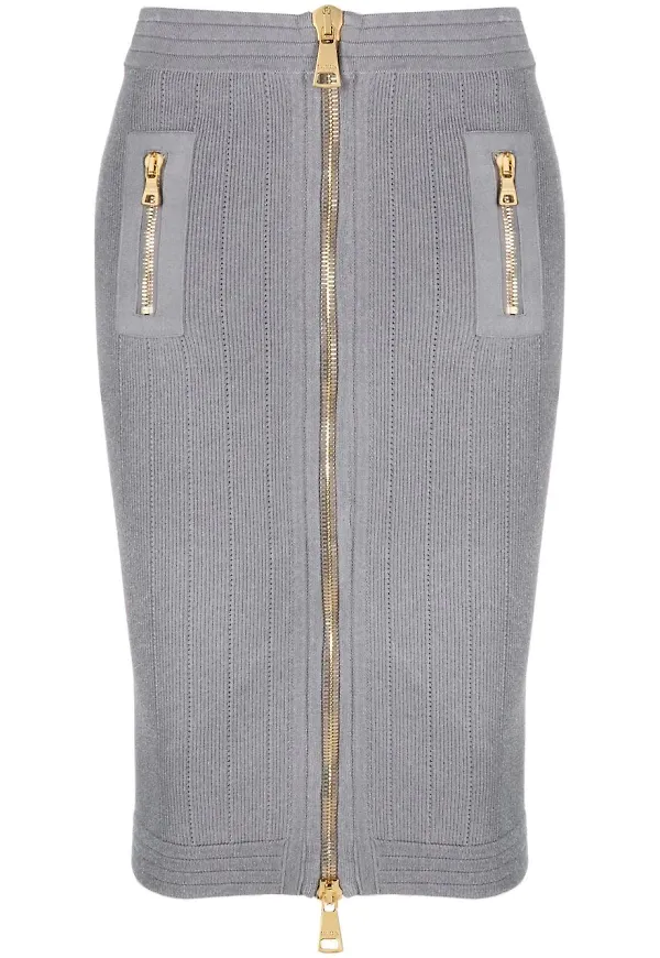 Balmain stickad pennkjol med dragkedja - Grå