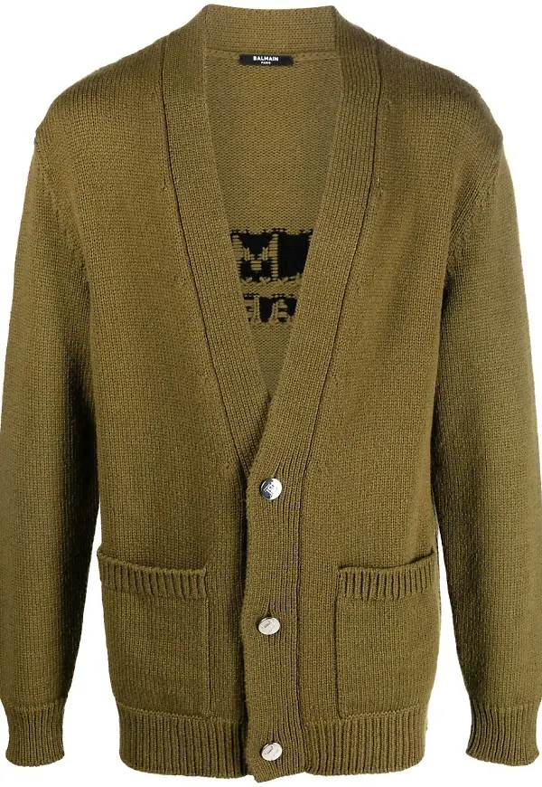 Balmain v-ringad intarsiastickad kofta - Grön