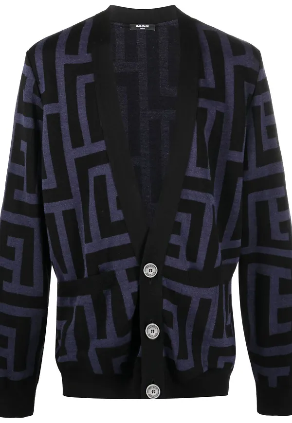 Balmain v-ringad kofta med monogram - Blå