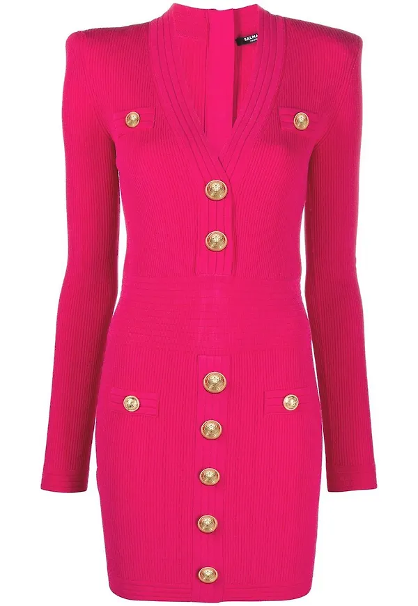 Balmain v-ringad ribbad klänning - Rosa