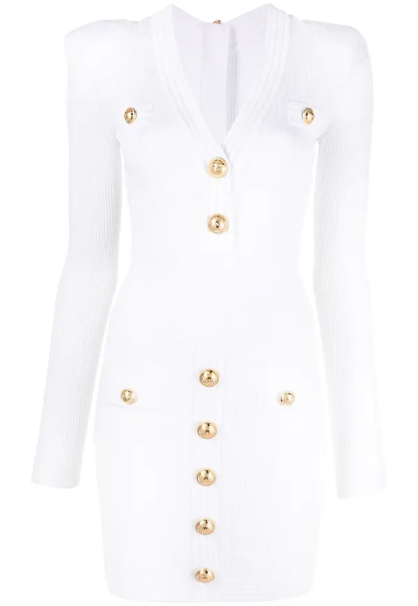 Balmain v-ringad ribbad klänning - Vit