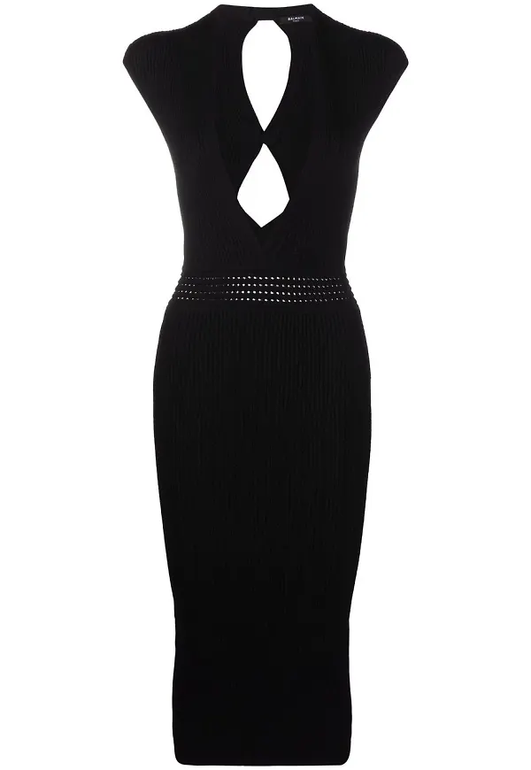 Balmain v-ringad stickad midiklänning - Svart