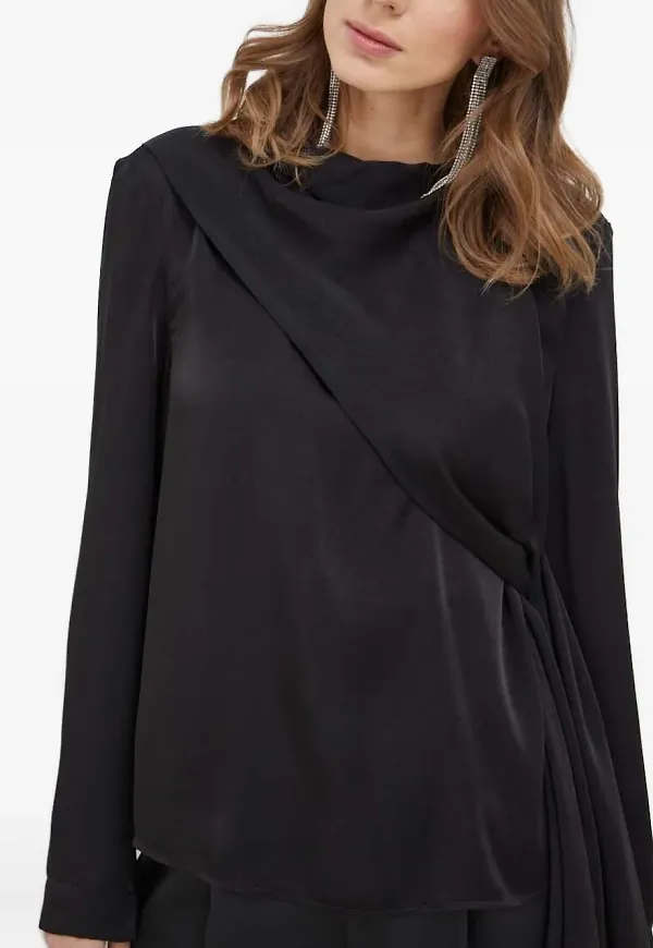 Bardot draperad blus med knytning - Svart
